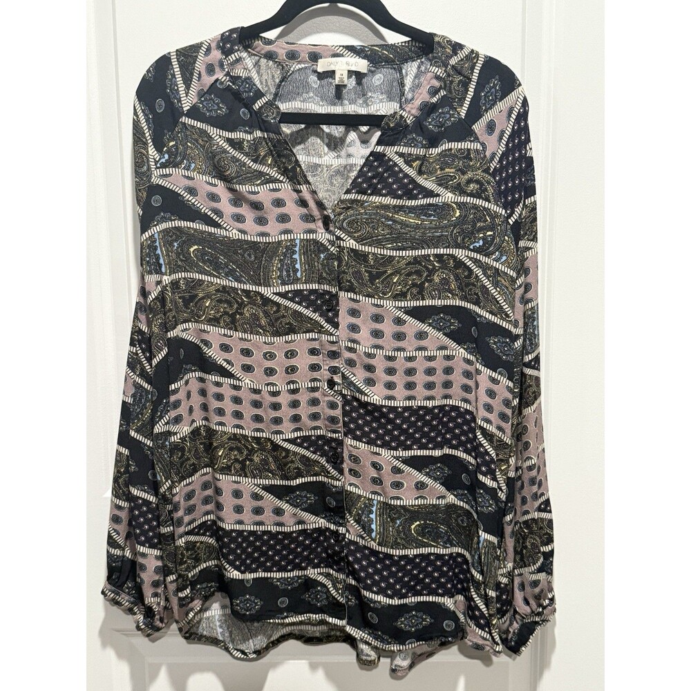 Daily Thread Geometric Long Sleeve Blouse 1X‎ Women’s Top Shirt Pink Blue
